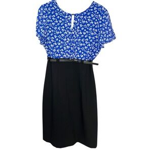 ALYX Women Size 4 Blue Floral Short Sleeve Black Skirt Belted Knee Length Dress